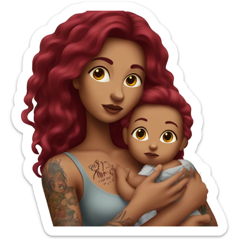 Beautiful tattooed burgundy long haired woman holding a baby sticker