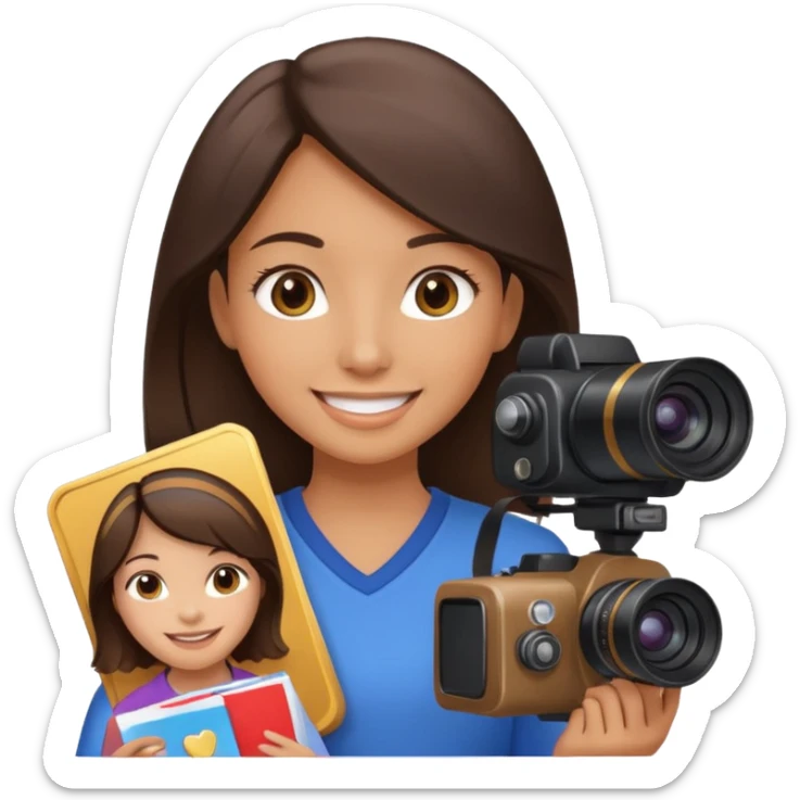 A brunette girl smiling, she’s a proud and successful filmmaker 🍿🌍✨ she’s next to a camera, / holding awards  sticker