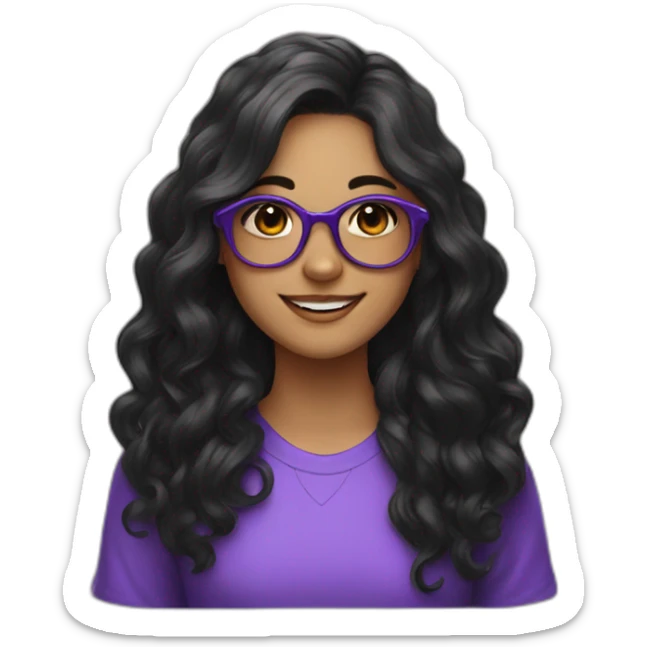 With Girl with long black hair with loose curls and purple glasses, smile, black eyes, sticker