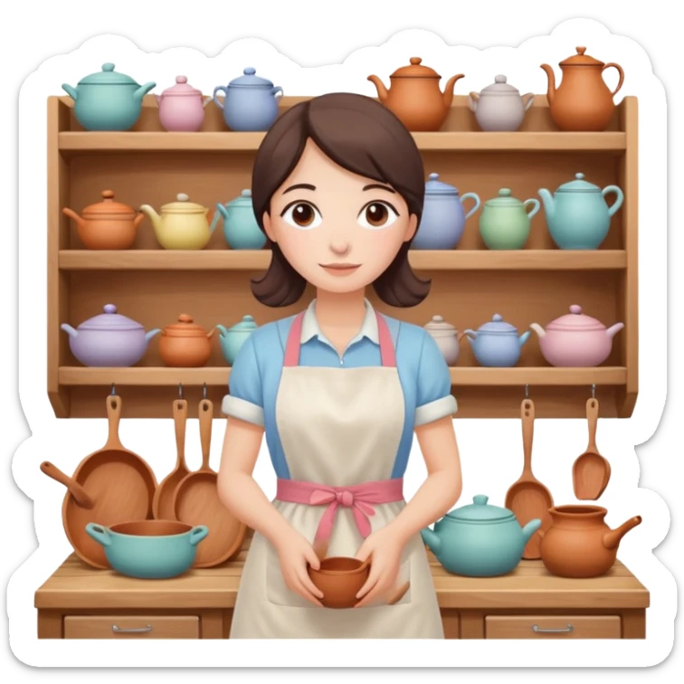 cartoon Apple iOS emoji style woman, pastel colors, Chilean wooden kitchen background, clay pots, warm light, detailed and clean vector art sticker