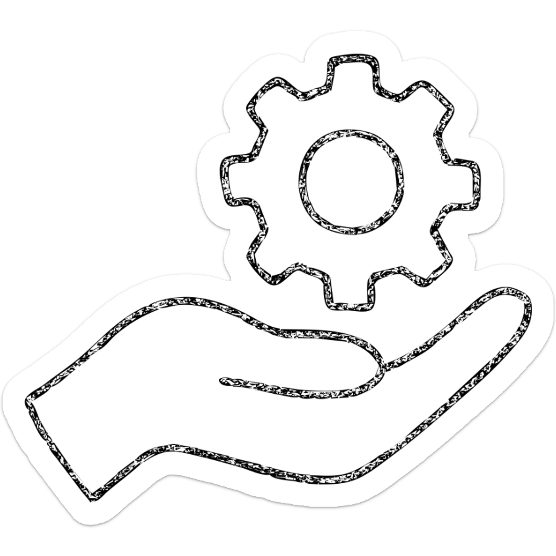 hand drawn outlined hand holding a cog icon sticker