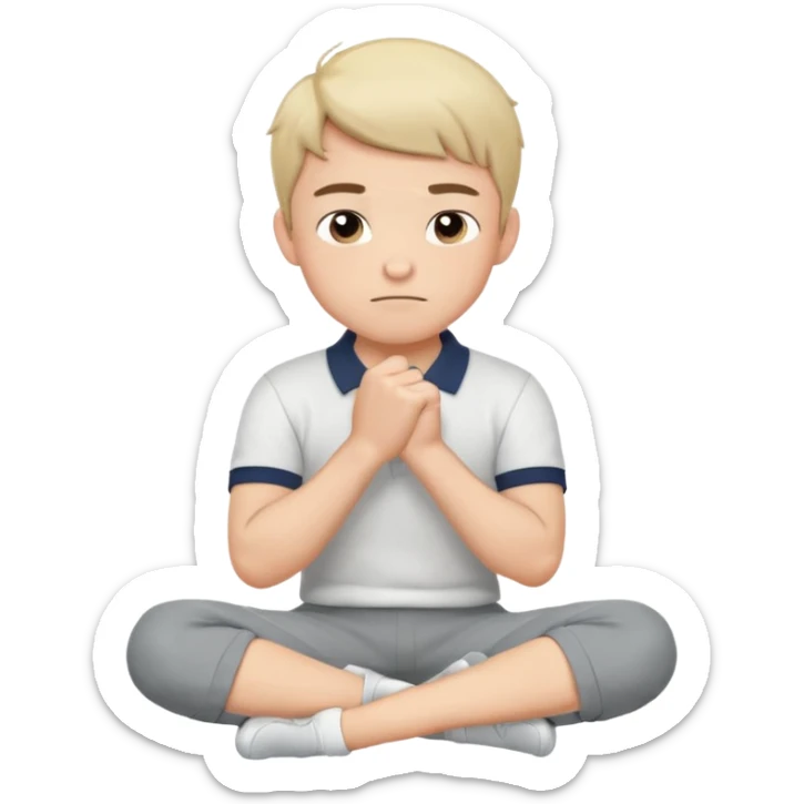 Cartoon boy sitting cross-legged, his fist pressed to his cheek, wearing a white polo and gray pants. He has a smug smirk, eyes looking forward. Clean lines, flat colors, solid black background, vector art, character sheet style. sticker
