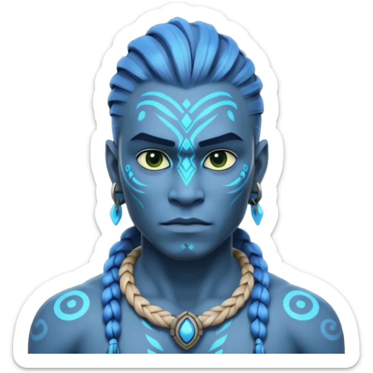 avatar-style Na’vi male portrait, head and shoulders only, blue skin, bioluminescent markings, strong face features, braided hair, tribal necklace, heroic expression, 3D cartoon, mobile game icon style, clean background, no text, no watermark
 sticker