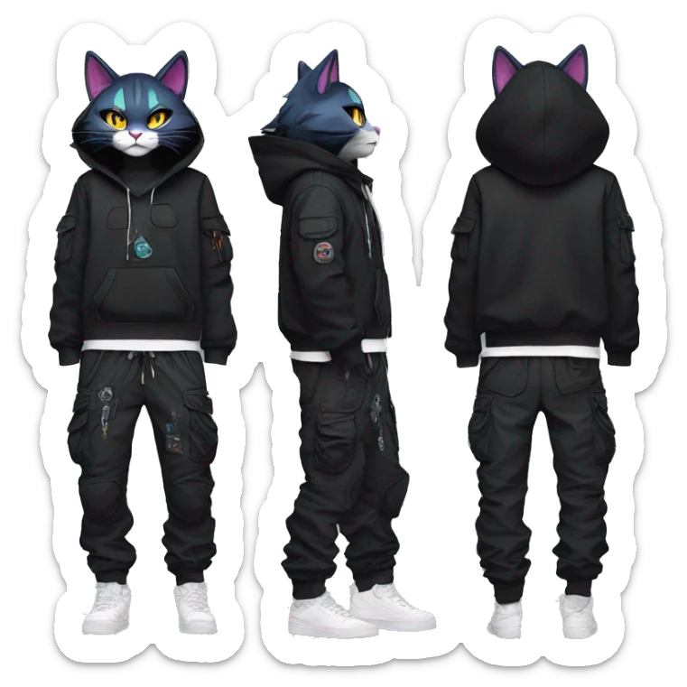 Edgy Anthro cool pretty dark cat-Pokémon-fursona techwear cargo pants hoodie sticker