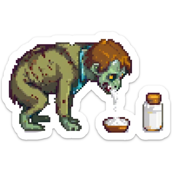 A zombie Leo  sniffing white powder with a background lab in the style of a pixel art sticker