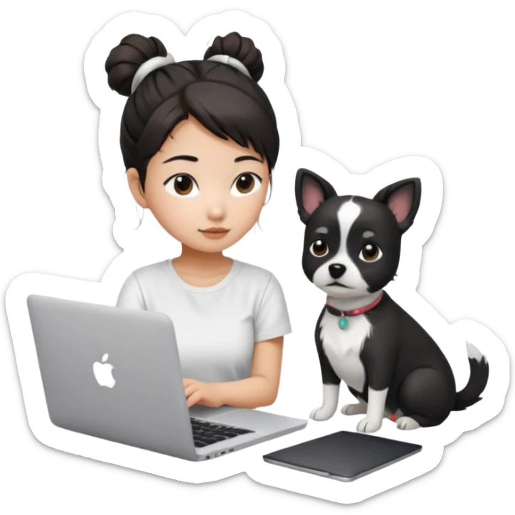 Asian girl with messy bun hair, wearing a white t-shirt, working on an Apple laptop, next to her is a small black and white dog sticker