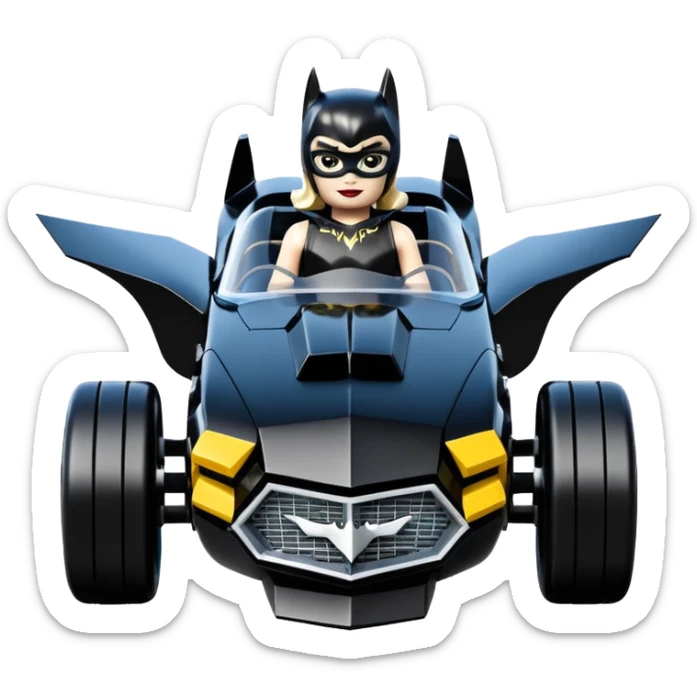  aerodynamic opulent dark knight futuristic concept Catwoman Batgirlmobile loosely based on 1977 Mustang roadster racing Lego (flat long straight faceted mechanical body) winged stealthy street hot rod  sticker