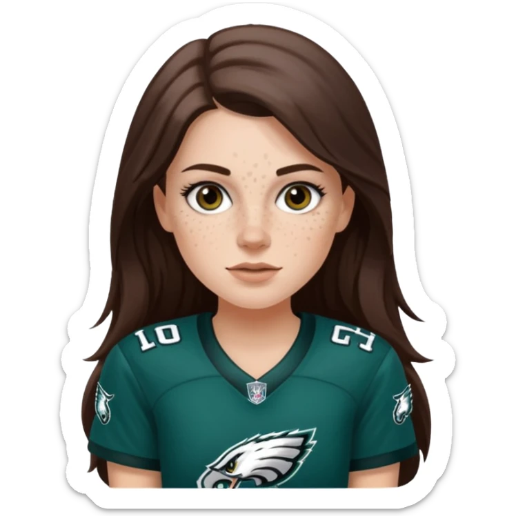 White girl with long darkish brown hair and freckles wearring a Philadelphia eagles jersey sticker