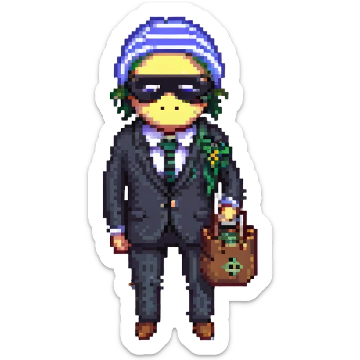 A thief with a bag of money on his back, wearing a striped suit and a black eye mask sticker