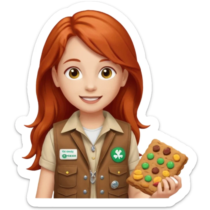 happy white girl scout with red long hair selling cookies with a brown Girl Scout vest and white shirt under vest. She should be around 10 years old sticker