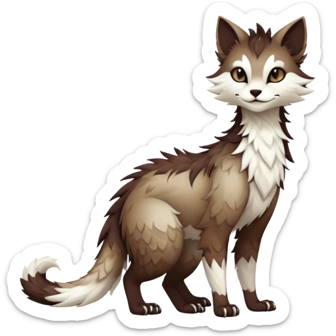 Kawaii dark edgy brown beige white fantasy ethereal feline-vernid-sergal-fursona animal creature with a tufted tail full body with intricate markings  sticker