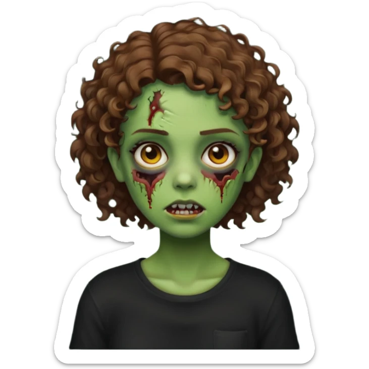 Zombie girl emoji verde com cabelo curto cacheado castanho no ombro com uma blusa preta sticker