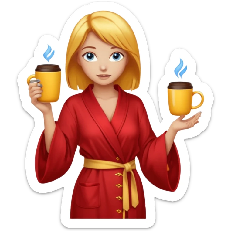 lightly tanned skin, blue eyes, cute and sexy girl with bright yellow-brown hair in a few shades of red robe, golden rings, slight cute makeup, full body, slightly turned aside pose, holding a coffee mug sticker