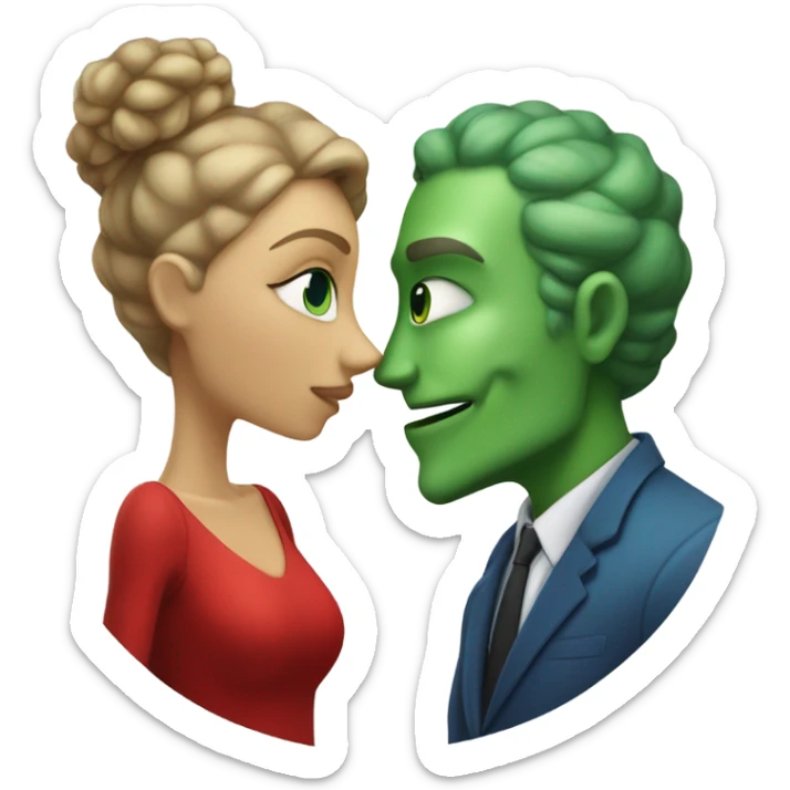 Beatiful tall green skin female reptilian in red dress, kissing white man in blue dress, full figure, full body sticker
