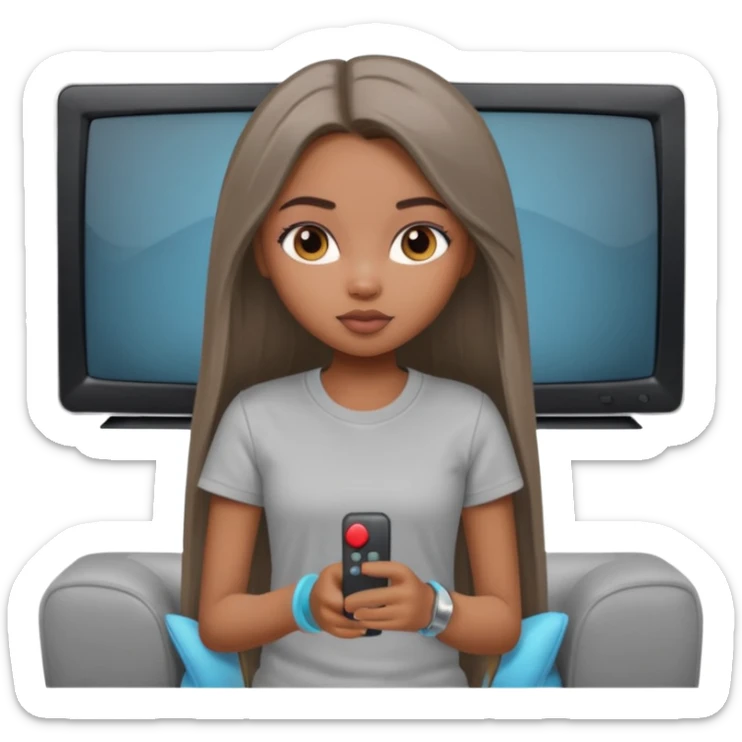 a pretty bratz dusky girl with long straight hair watching tv and wearing a grey tshirt sticker