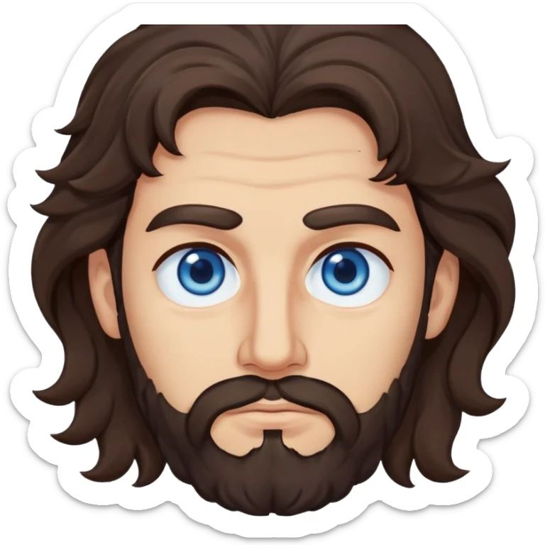Lebanese man with one blue eye and one brown eye, dark brown longish wavy hair, light beard, closed mouth, kind expression, blue shirt sticker
