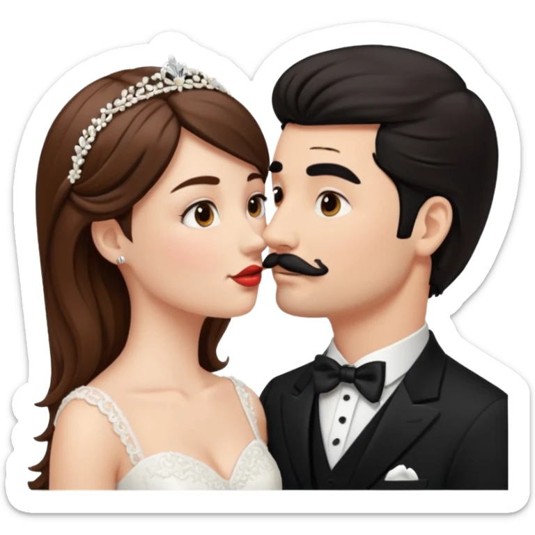 White girl brown hair bride and white black hair groom with moustache kissing sticker