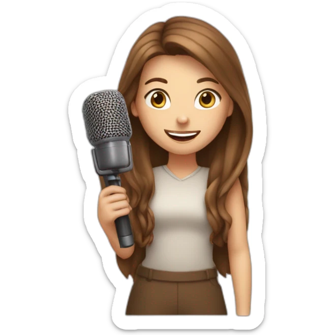 Caucasian girl with long Brown hair holding a michophone singing happy sticker