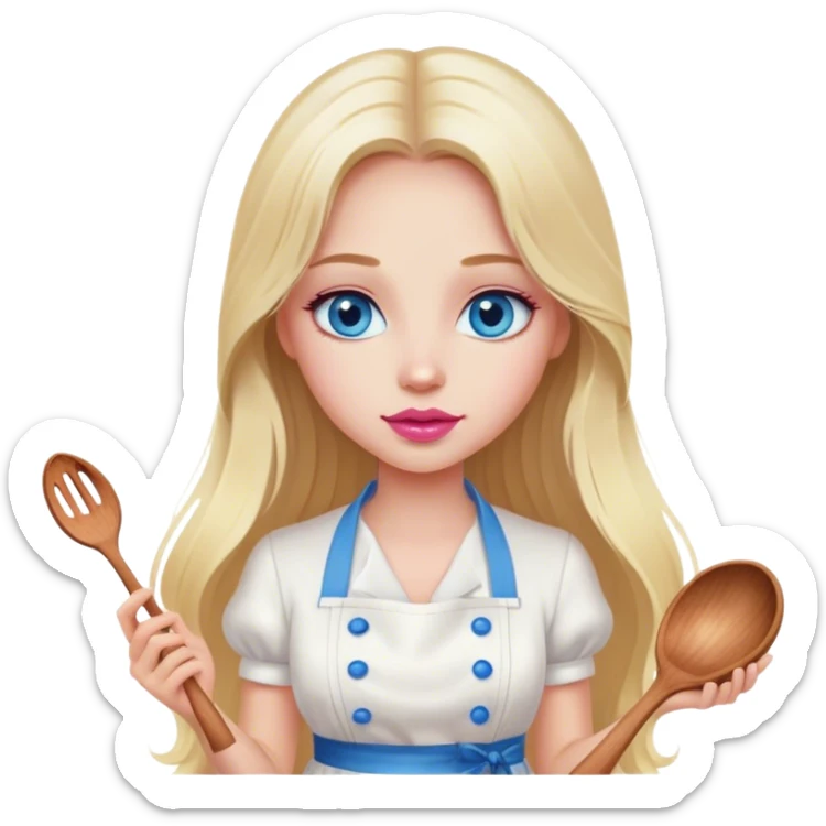 Cinematic realistic beautiful blonde with long hair, blue eyes and pink lips in a white dress cooks sticker