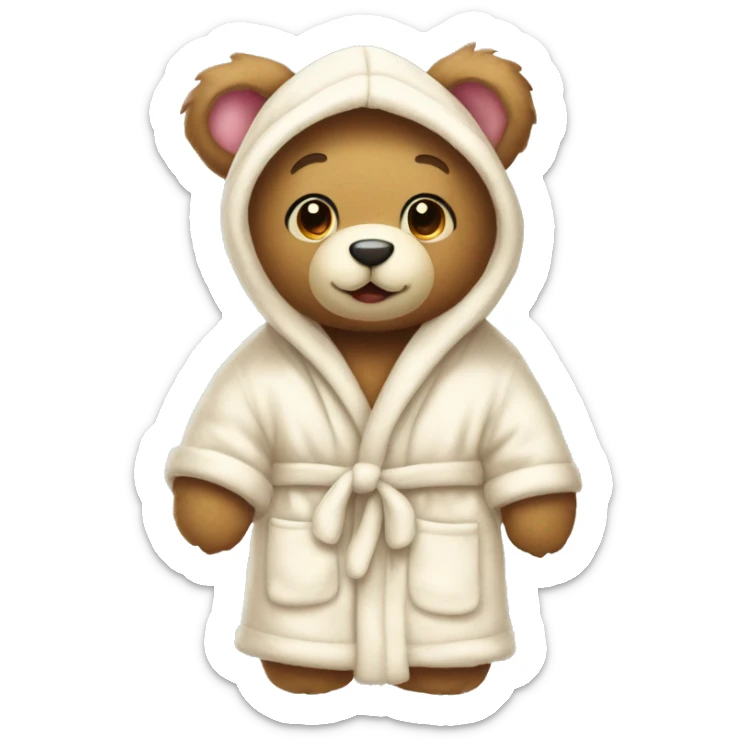 teddy bear that’s wearing a cream bunny dressing gown with the hood up sticker