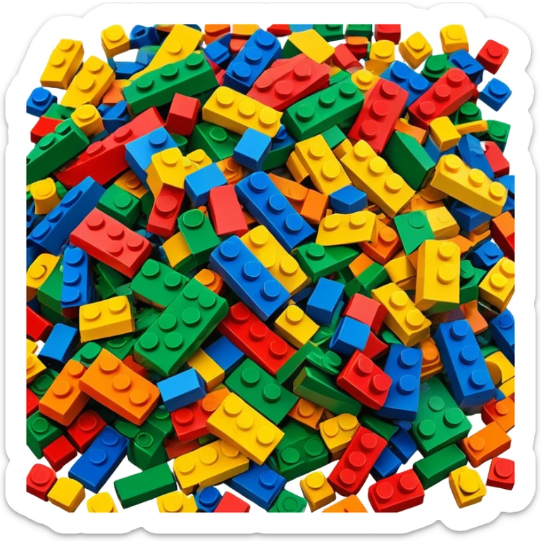 A photorealistic icon featuring a pile of colorful LEGO bricks scattered together in a messy heap. The design includes bright, detailed textures of the individual bricks, capturing the playful and creative essence of LEGO building. Transparent background, symbolizing LEGO construction. sticker