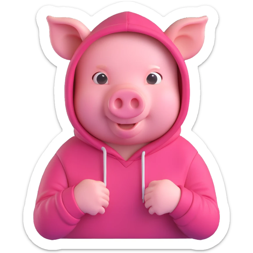 John Pork, pig with a hoodie, urban style, confident pose, 3D emoji style sticker