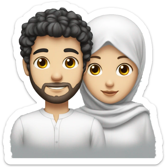 young white European guy with a white shirt and curly black hairs with girl wear hijab sticker