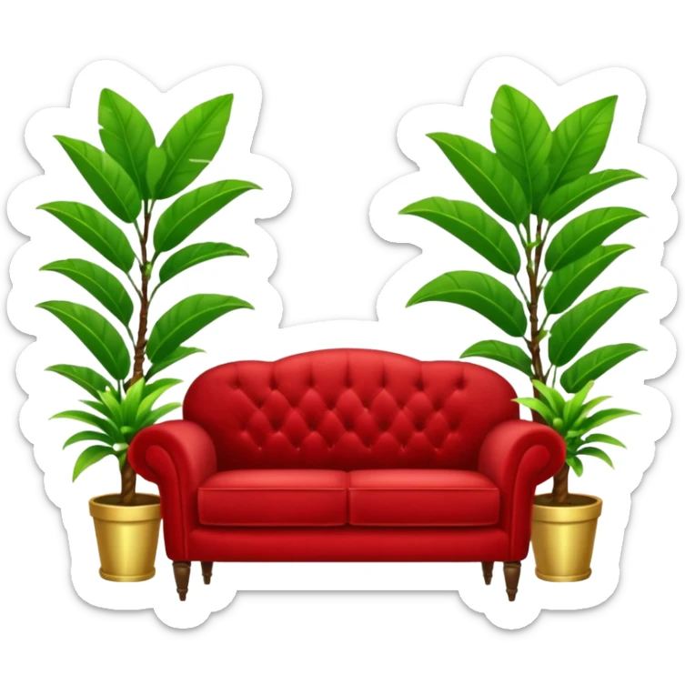 red velvet luxury couch with a stand mic and houseplant sticker