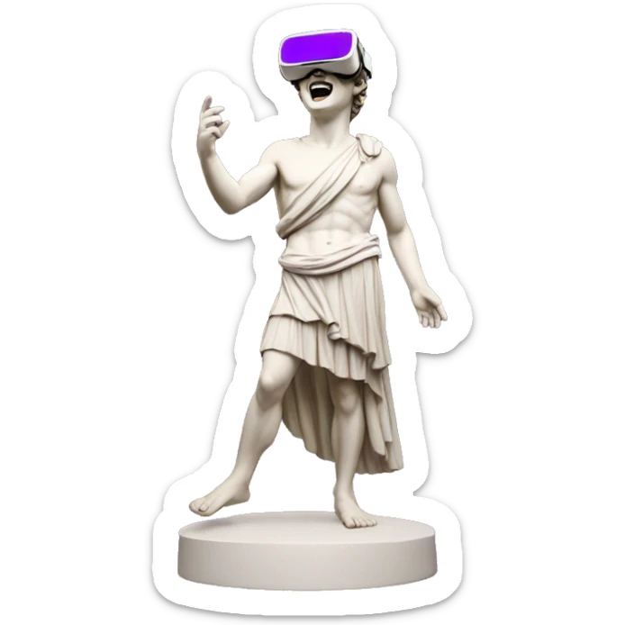 an EMOJI OF A ancient young greek statue, wearing VR headset, shouting purple colors, full body sticker