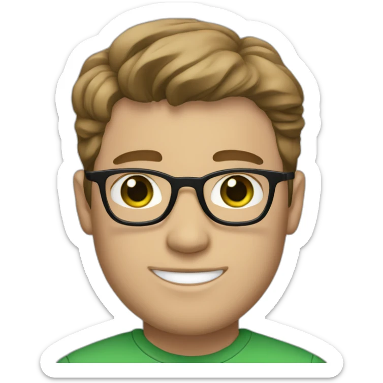 white man with medium brown hair wearing glasses, with green eyes, with freckles and braces sticker
