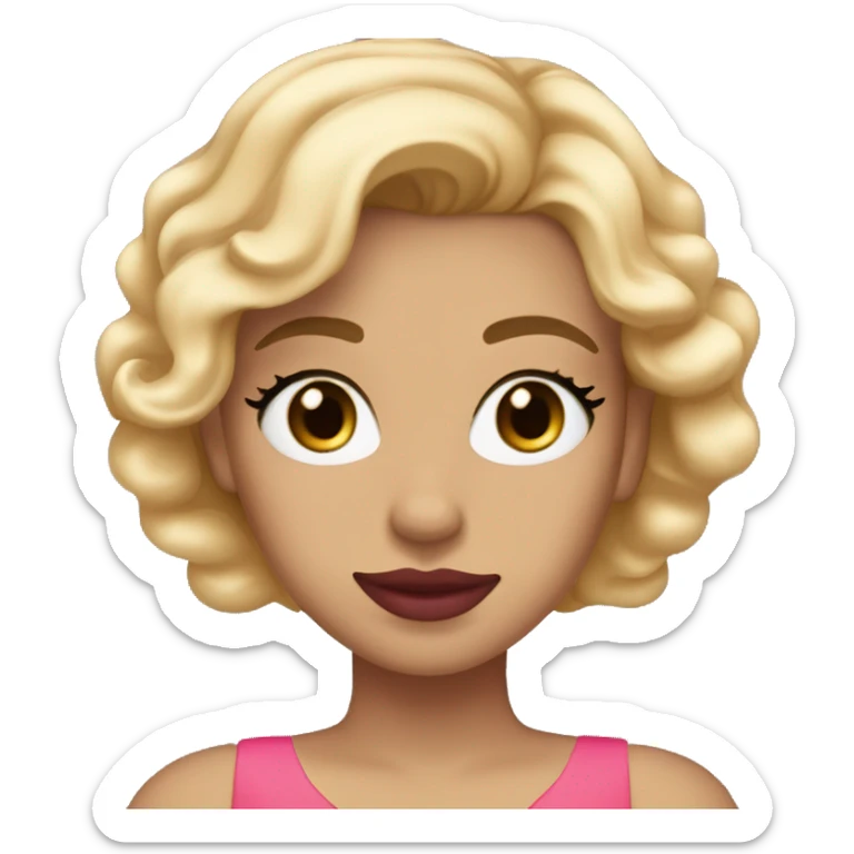 Girl with blonde hair, blue eyes, red lipstick, and tan skin wearng makup and a pink dress sticker