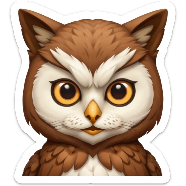 An cats head with a brown on top of the head of the cat the cats head infused with an white owls body with brown wings sticker