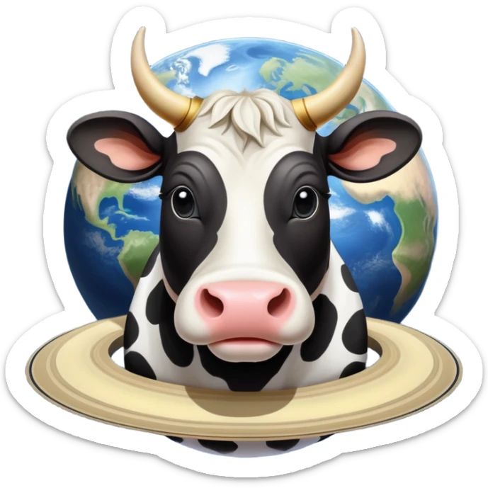 A black and white spotted cow head on top of the planet Saturn with its rings, and enormous human feet wearing shoes supporting the whole structure sticker
