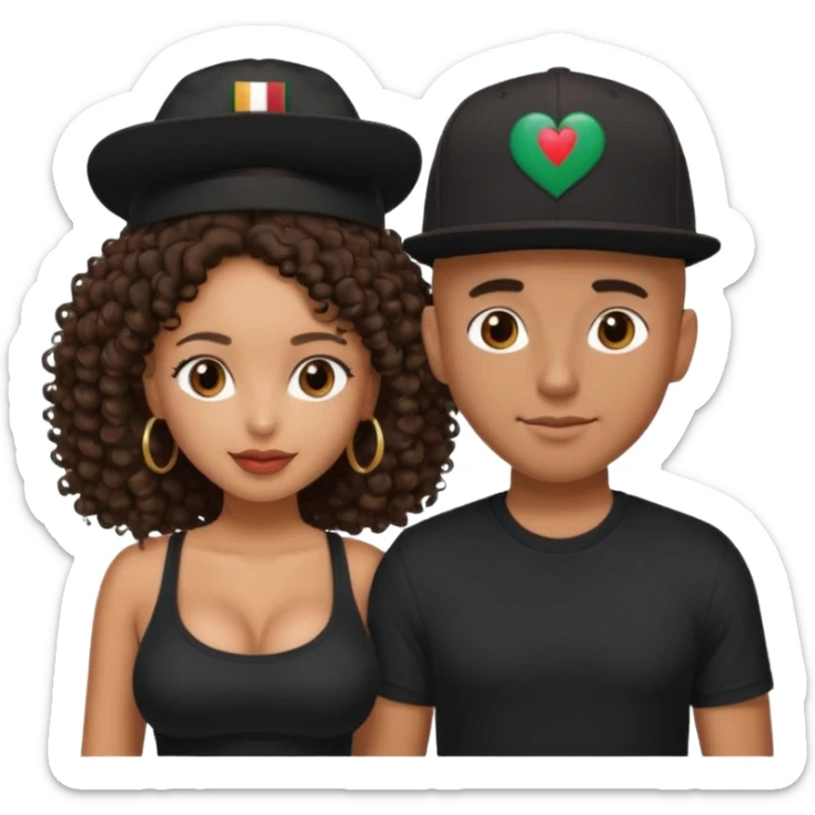 A picture of a loving tanned couple. the guy is Mexican, with a bald hair cut and he has a SnapBack hat on. The girl is mixed, the girl is wearing a black shirt, the girl has brown curly big hair and the girl has big boobs  sticker