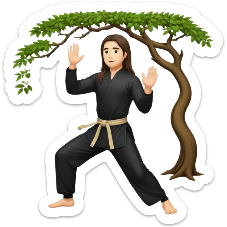 pratiquant de qi gong, homme aux cheveux long, en position de l'arbre, en tenue noire ou blanche. L'image ne contiendra pas d'arbre sticker