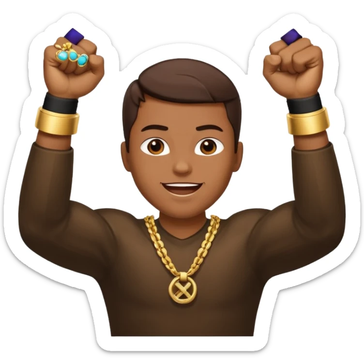 2 fists in the air one below on top like i got like hella money meme sticker