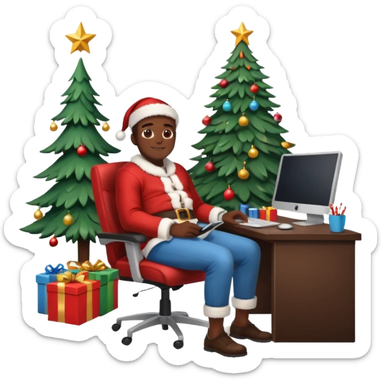 Informaticien homme noir full-body, week-end détente, assis à son bureau moderne avec ordinateur affichant du code.. À côté de lui, le Père Noël souriant, sapin illuminé et cadeaux autour. sticker