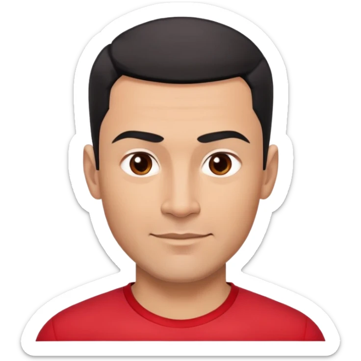 Robust athletic man in his 40s with light brown skin tone, very short black hair with modern fade haircut, strong square face with pronounced cheekbones, thick eyebrows, wide nose, medium lips with friendly smile, wearing red fitted athletic shirt sticker