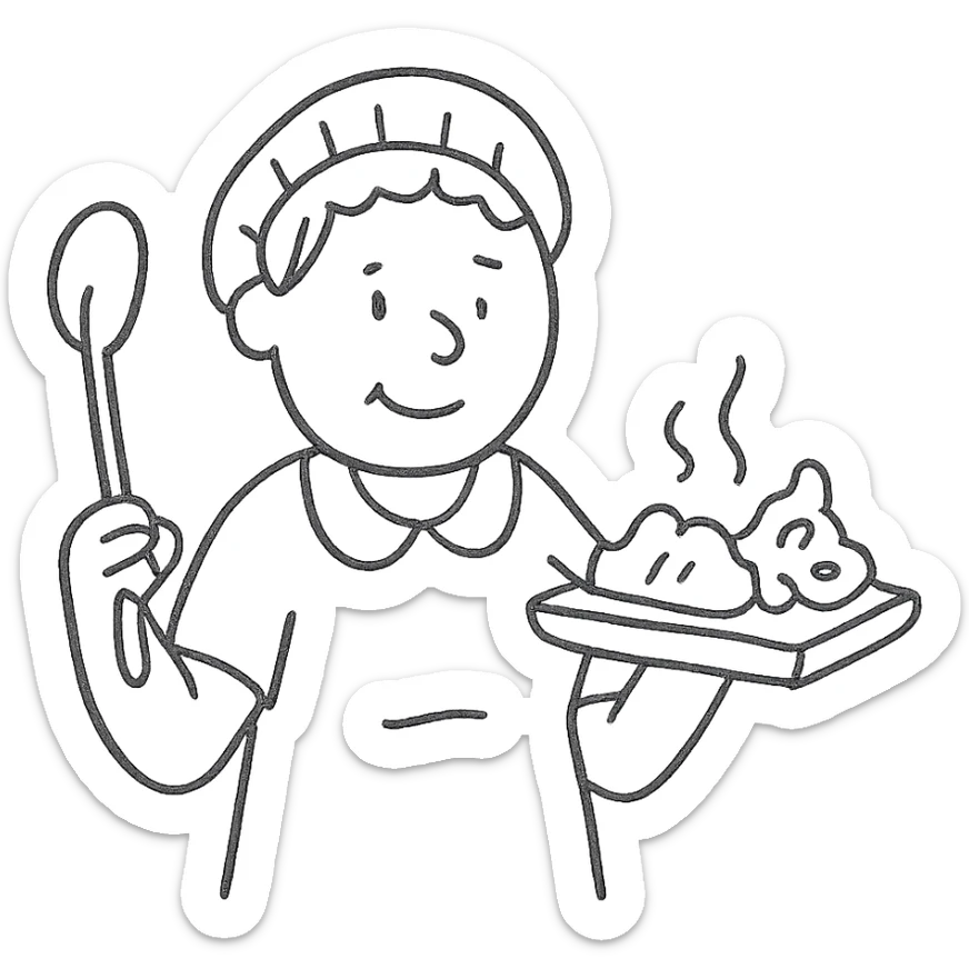 hand-drawn outlined icon of a lunch lady holding a ladle and a tray of gross food sticker