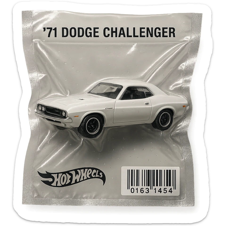white 1971 Dodge Challenger Hot Wheels toy car, glossy, inspired by the movie 'Death Proof' sticker