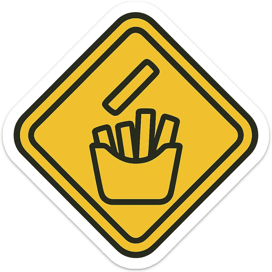 yellow warning road sign, a single french fry being dropped into a bag containing a few other fries, flat color style sticker