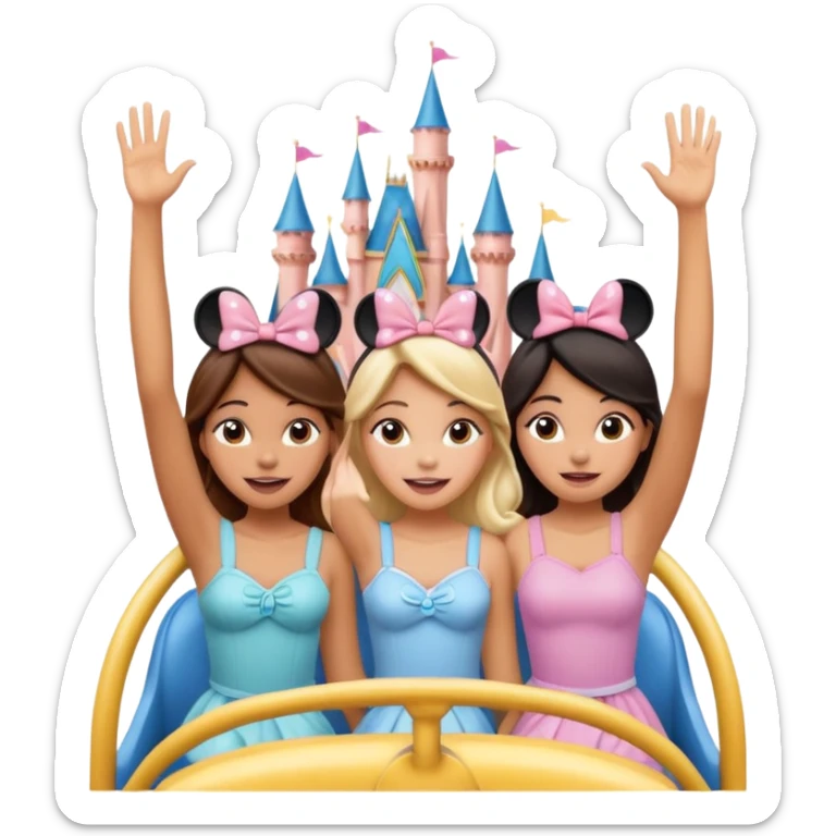 4 chicas montadas en una atraccion de levantando la mano con orejas de Disney puestas en una atracción sticker