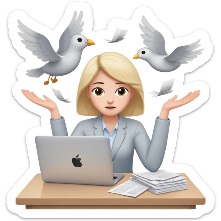 tired woman sitting at a desk with a MacBook, holding her arms out to the side, surrounded by flying papers sticker