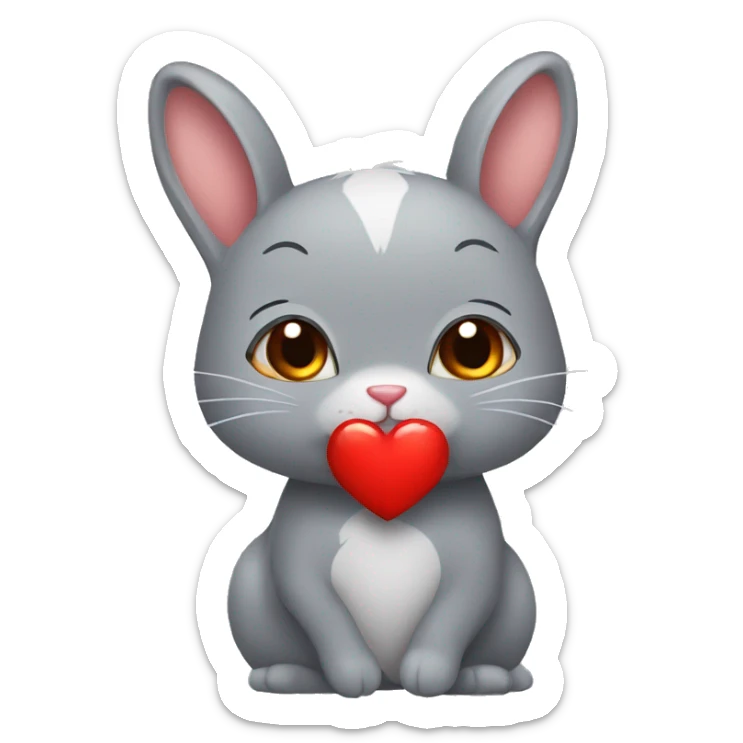 A female grey bunny who gives a red heart to a male brown cat sticker