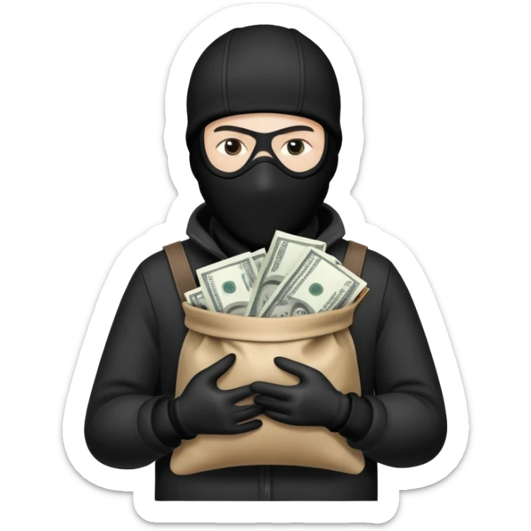 Ski mask holding money bag with white face like skin color black sticker