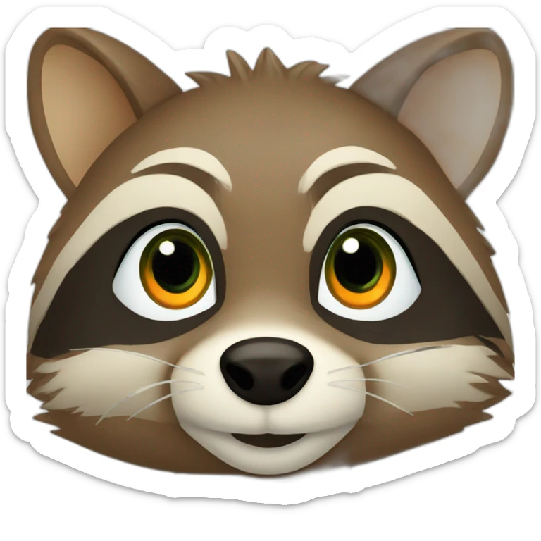 brown raccoon with orange eyes and a dark green hood that smile sticker