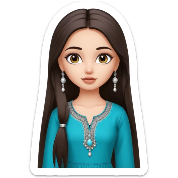 generate a pretty bratz girl wearing a kurti, eyeliner on, long straight hair, silver jhumkas in ear sticker