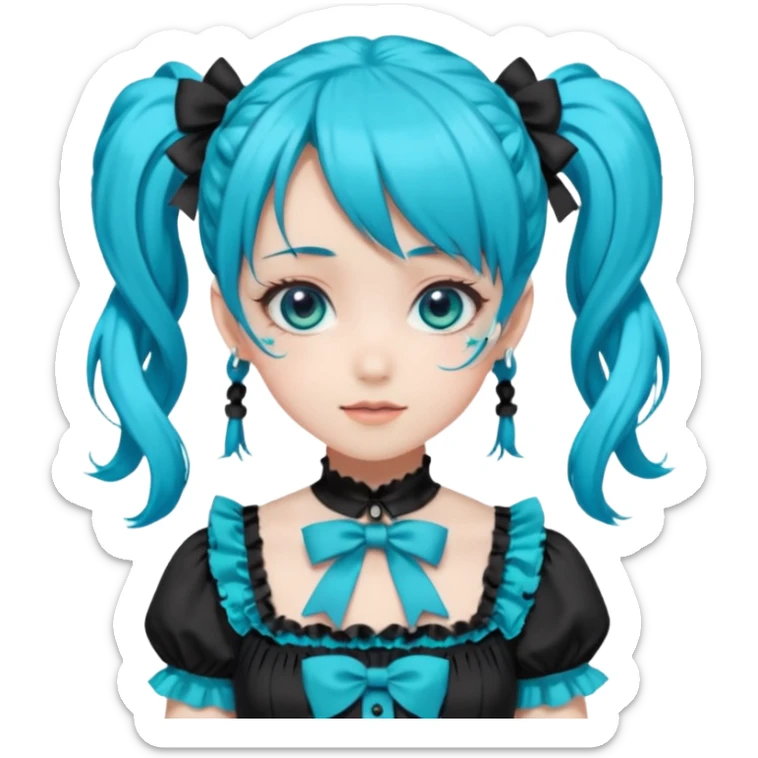 anime-style female character with bright turquoise hair styled in twin tails and matching blue eyes. Her outfit is a frilly turquoise and black dress in a Lolita-esque style, heavily contrasted with black ribbons and trim. A key detail is the "AWP" logo in black on the chest. VERY happy variant sticker