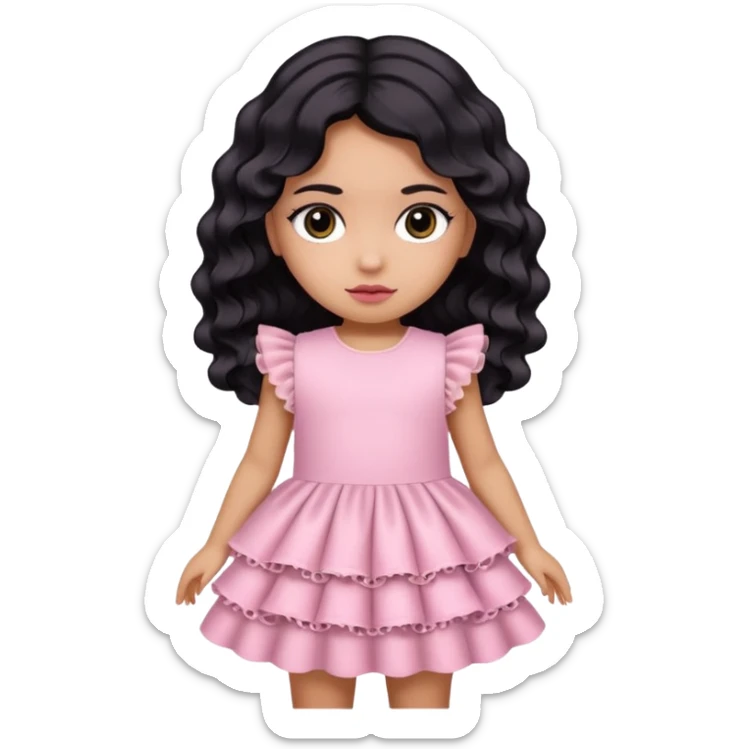 Una niña con un vestido rosa pastel con volados y encajes con cabello negro medio ondulado y dos moños como accesorio de cabello. ojos negros  sticker