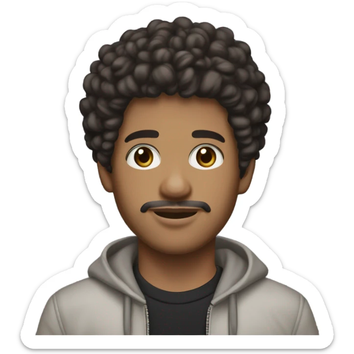 Create a 20-year-old boy with dark brown curly hair styled in a taper haircut, a goatee and mustache, brown eyes, and a tanned complexion with chrome hearts clothes sticker